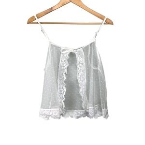 White Sheer Mesh Pola Dot Lace‎ Open Front Tie Camisole Top Coquette sz M Cute